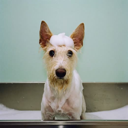 Dog being lathered with shampoo in a grooming bath